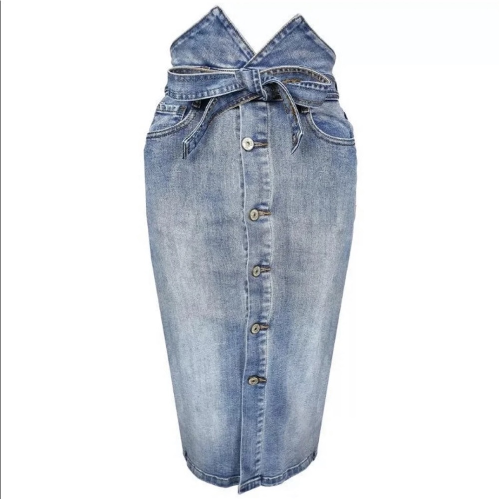 Denim paper bag pencil skirt
